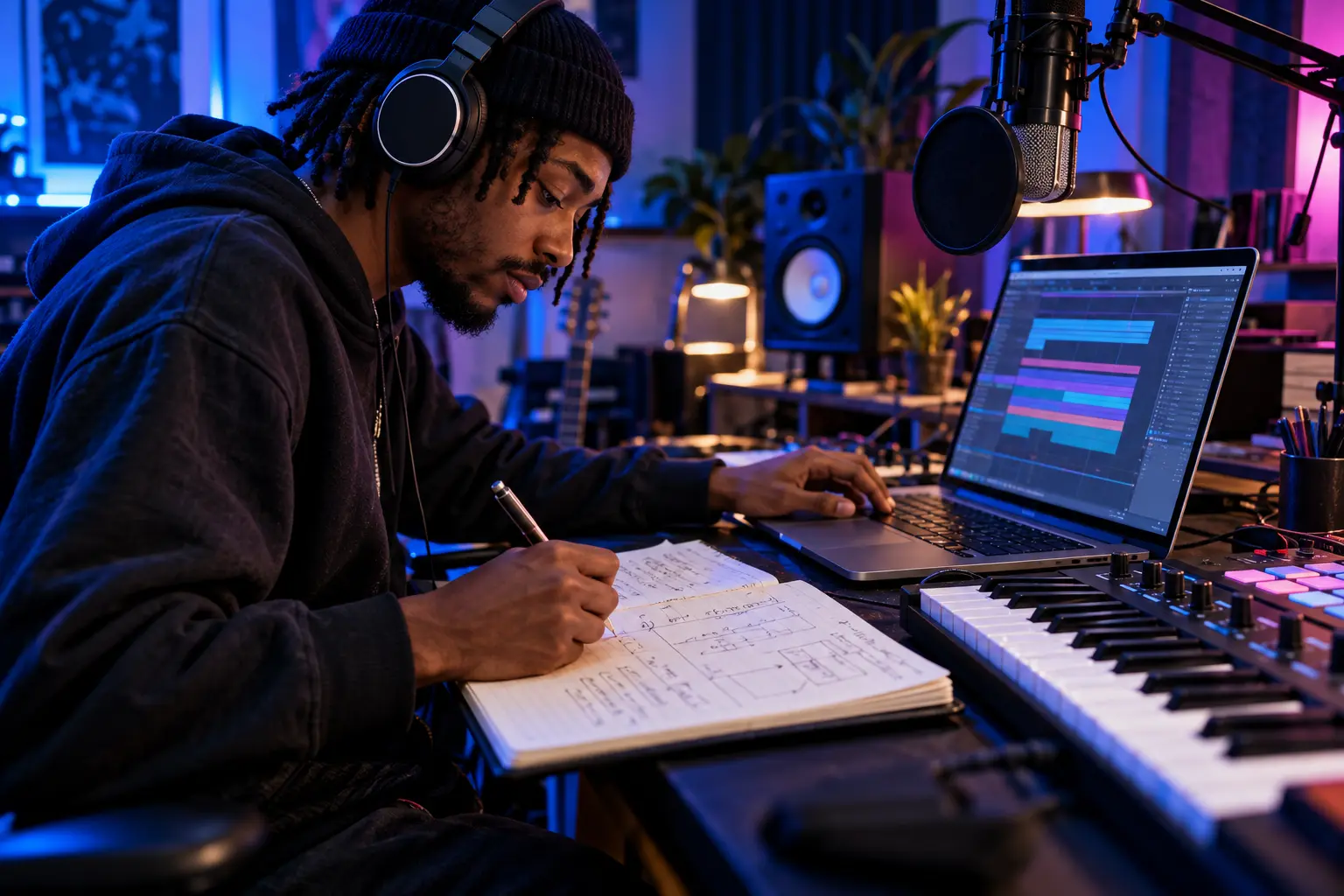 Independent hip-hop creator documenting an AI-assisted studio workflow in a project notebook