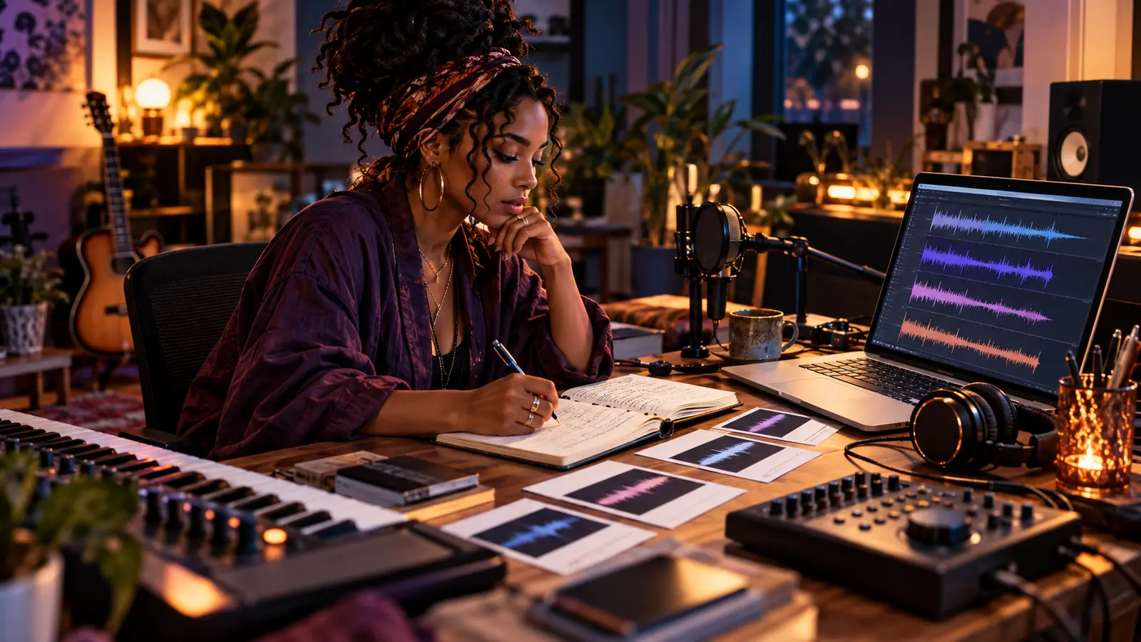 Independent music creator documenting decisions beside several colored waveform versions in a warm home studio