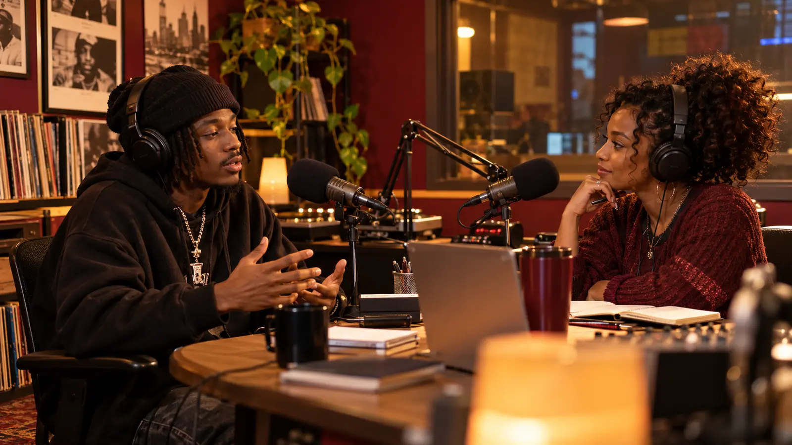 Independent hip-hop artist rehearsing interview answers across a broadcast table with a radio interviewer