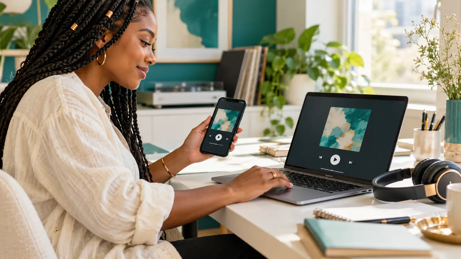 Independent artist checking a release page on a laptop and smartphone beside headphones in a bright workspace