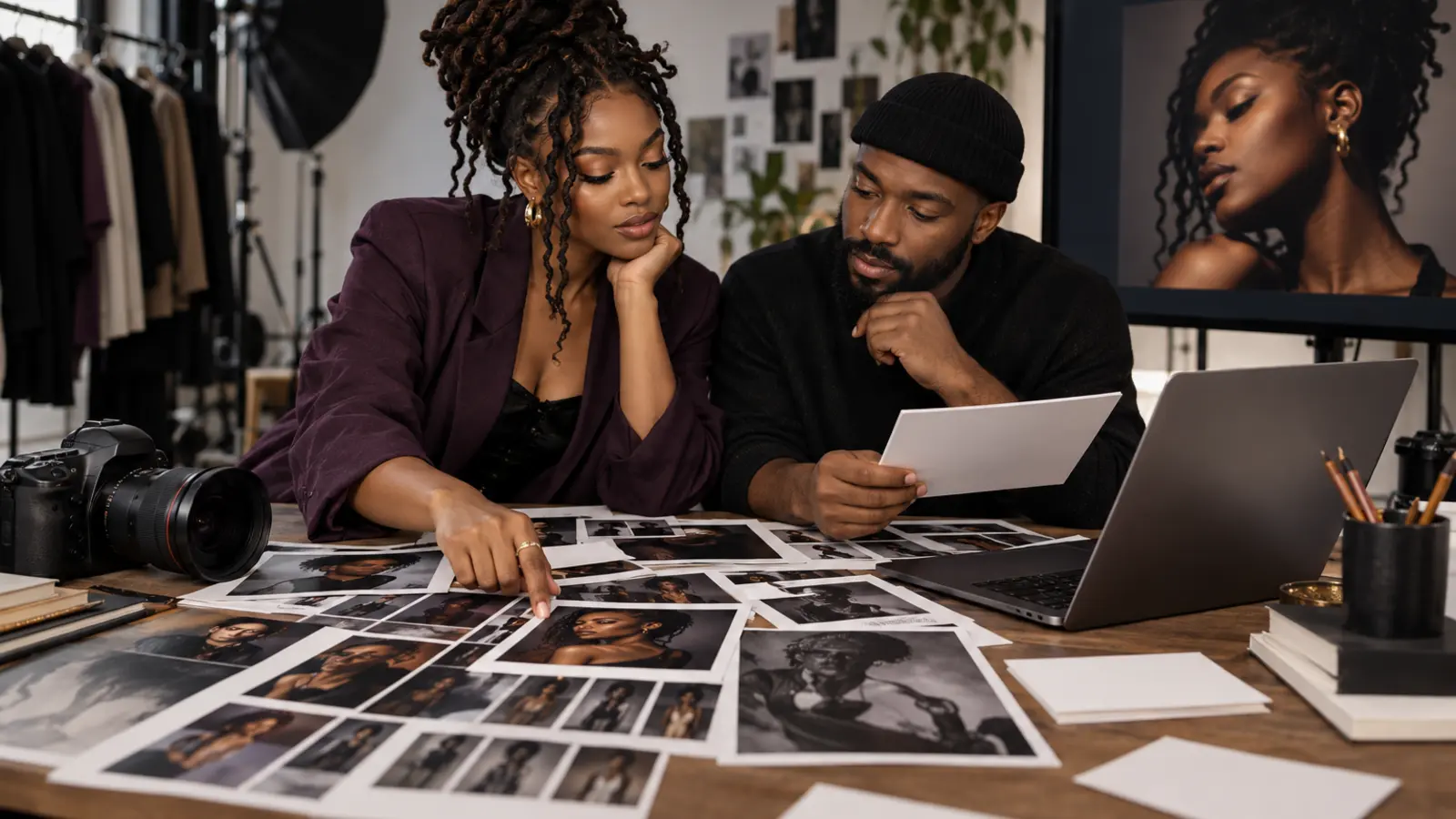 Independent singer and photographer reviewing portrait contact sheets and blank caption cards in a creative studio