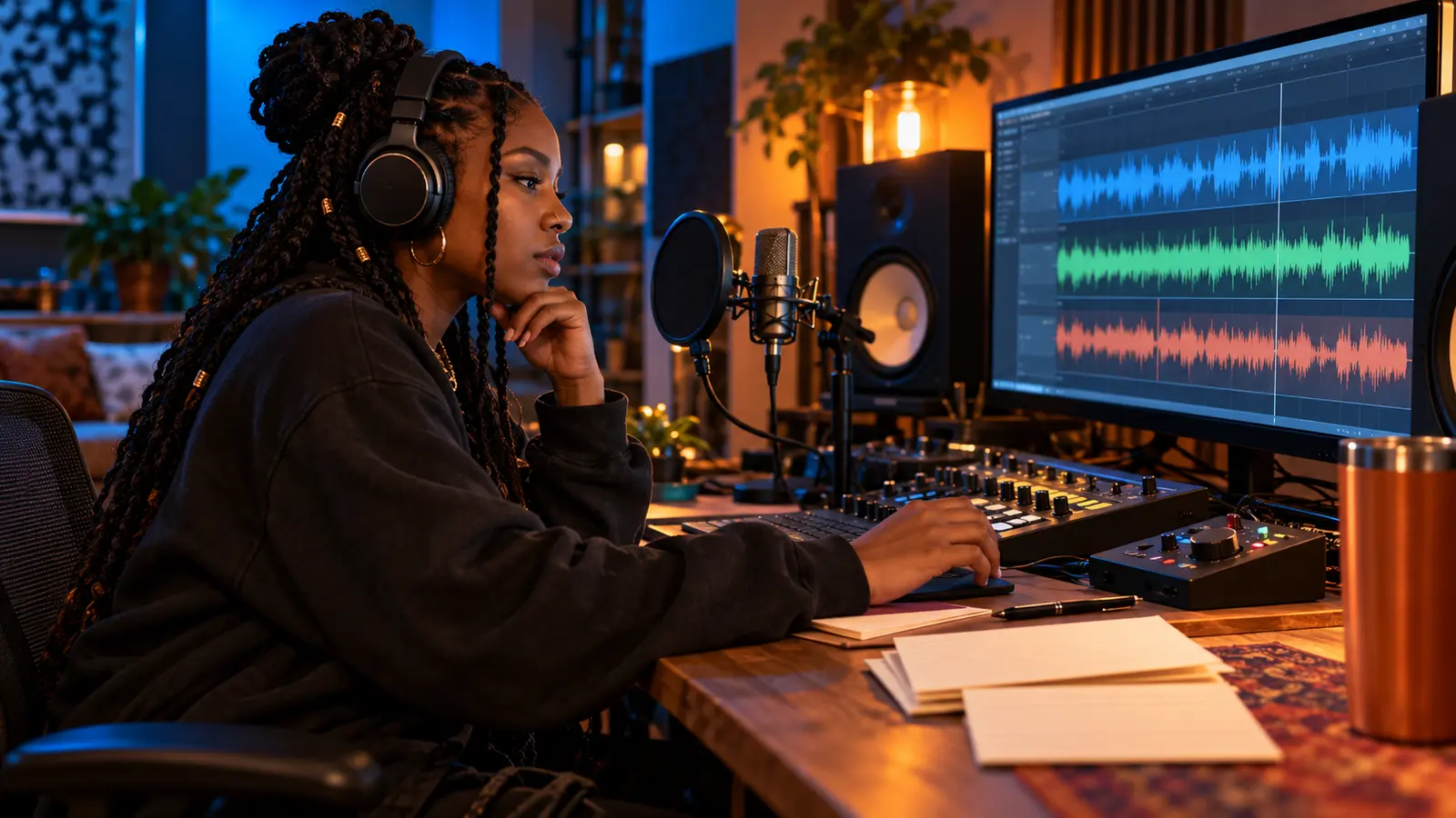Headphone-wearing audio engineer reviewing three waveform exports beside studio controls and a microphone