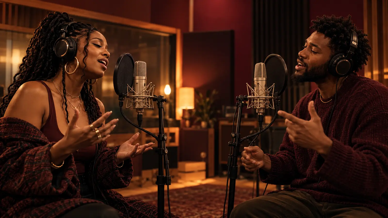 Two vocalists wearing headphones exchange phrases across separate studio microphones in an amber-lit room