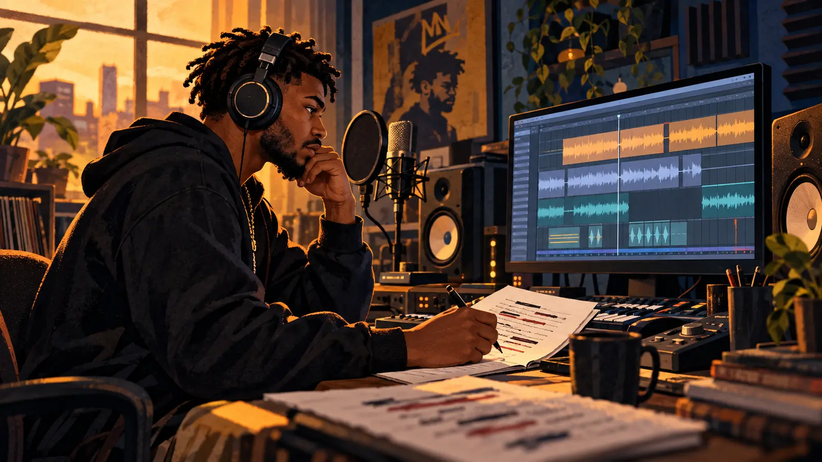 Independent rapper and engineer reviewing a clean edit against a studio waveform and marked lyric sheet