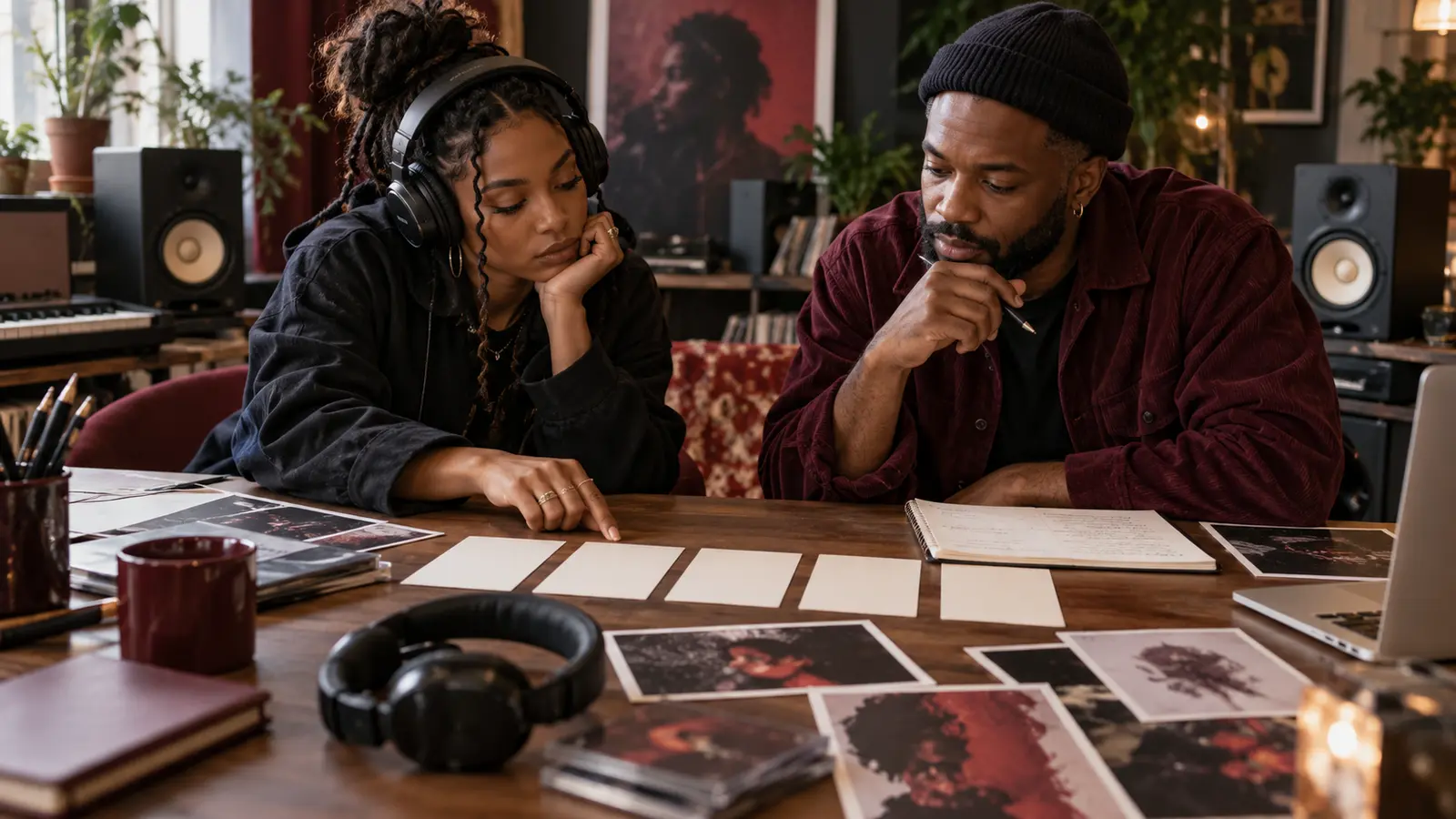 Two independent musicians comparing song cards and release artwork during a focused listening session