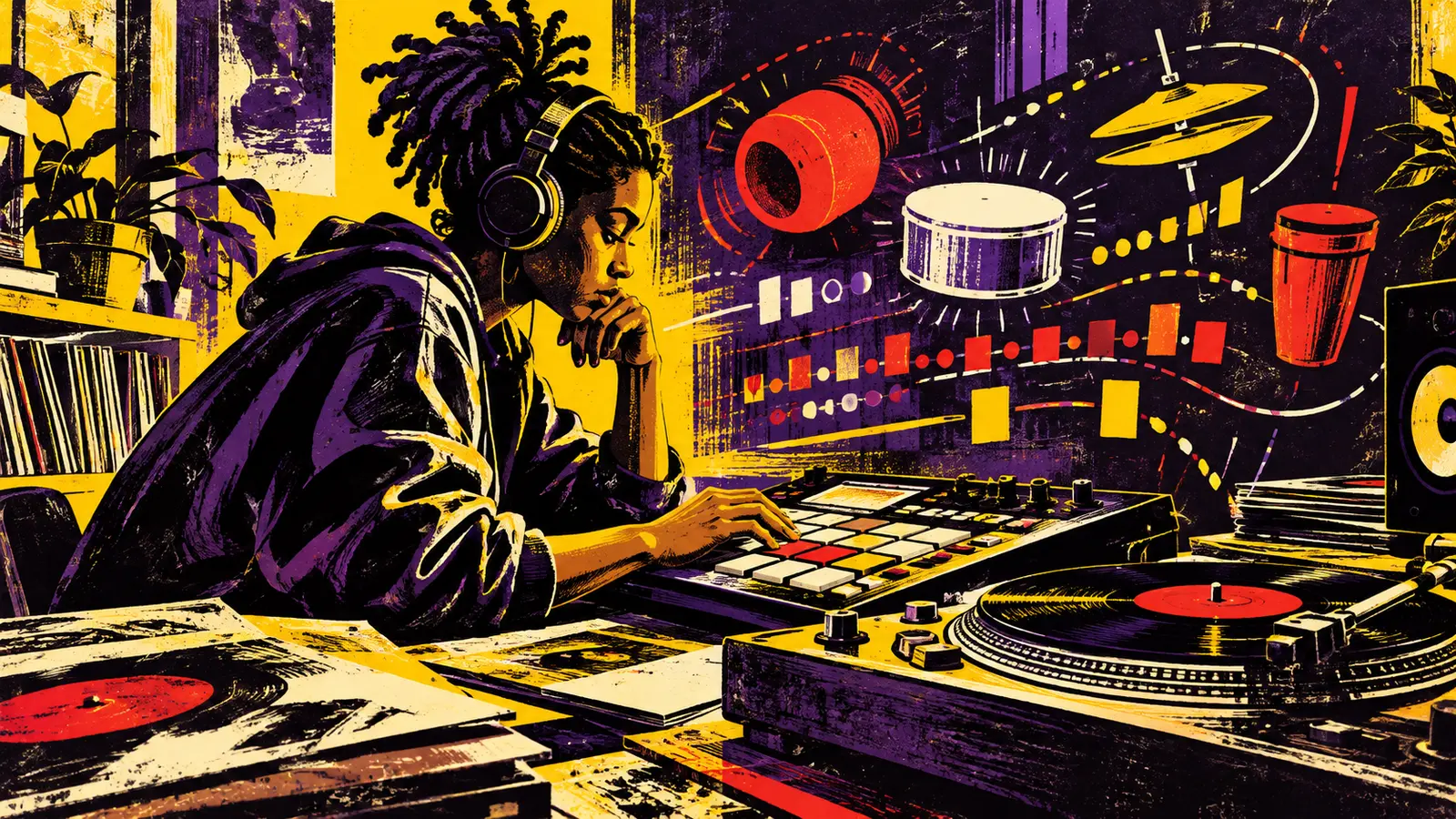 Listener and beatmaker studying rhythmic shapes around a drum machine, turntable, and studio monitors