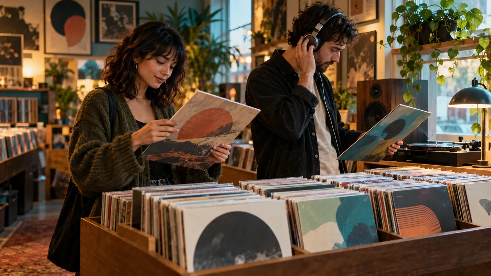 Two listeners comparing abstract record sleeves at a small record-shop listening station