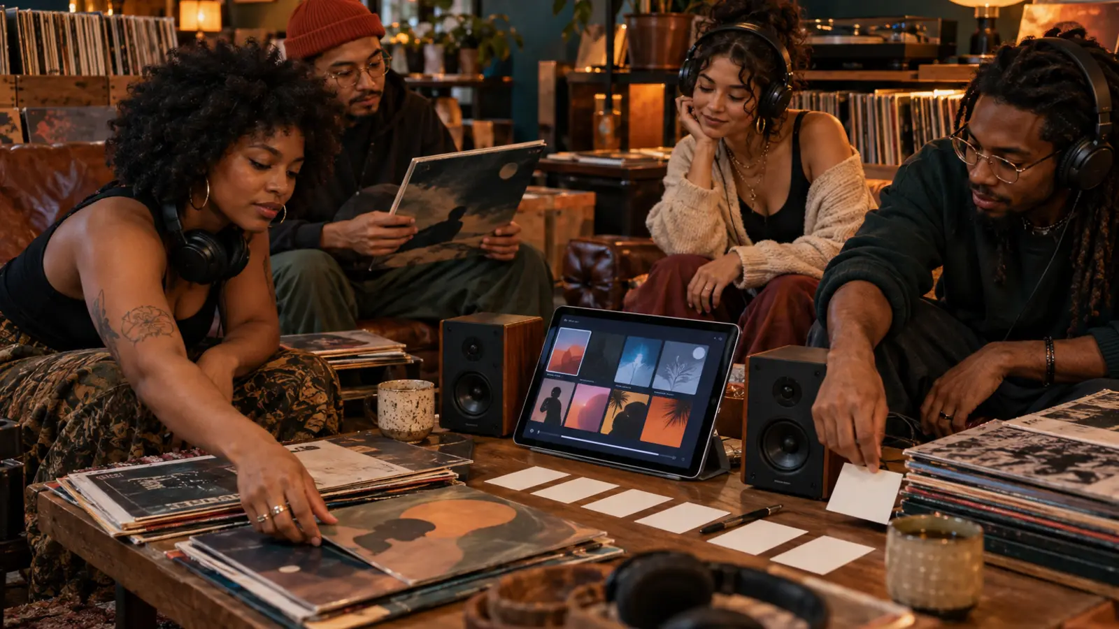 Diverse group of music listeners sequencing records and blank listening cards around speakers and a tablet in a record-store lounge