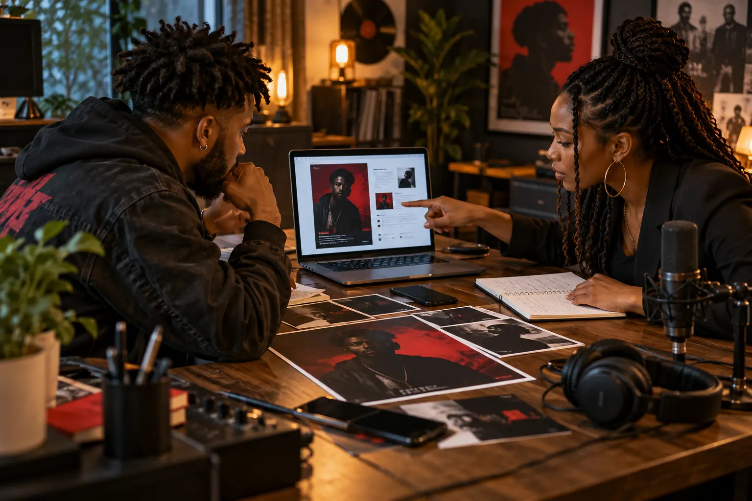 Independent hip-hop artist and publicist reviewing a clean one-page release layout in a warm studio