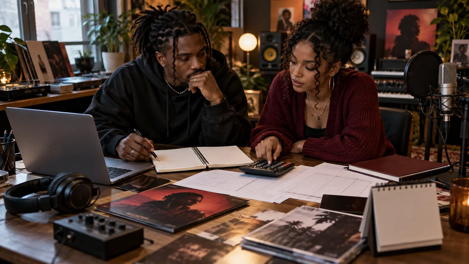 Independent rap artist and creative manager planning a release budget with a calculator and calendar in a home studio
