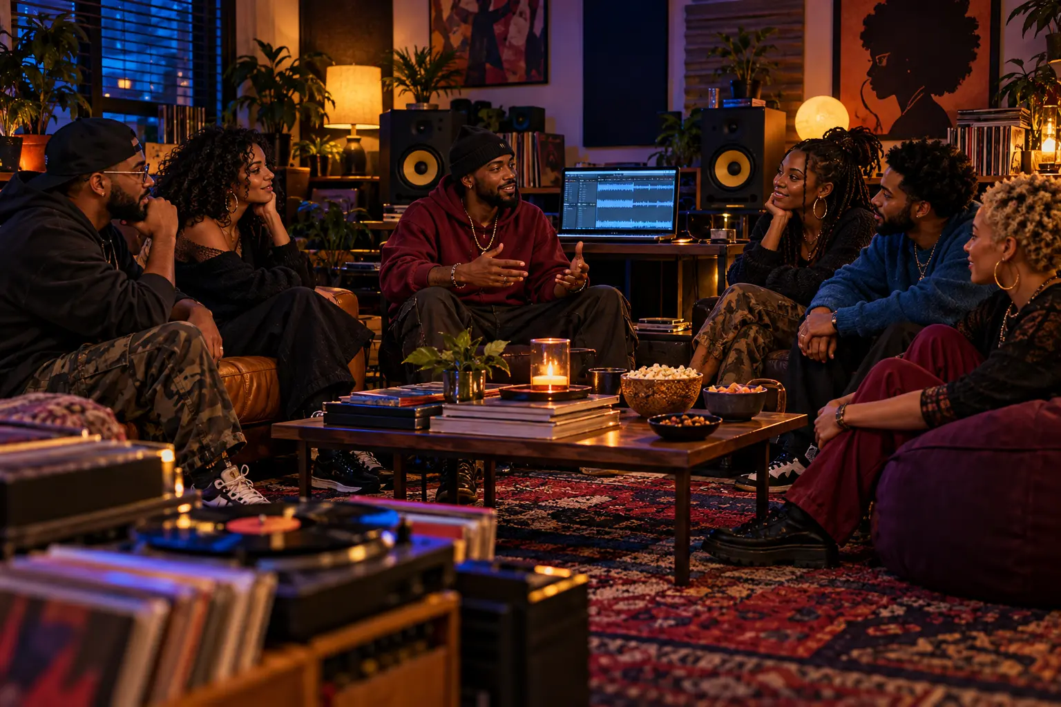 Small diverse group listening together around speakers, a laptop, notes, and a turntable in a warm room