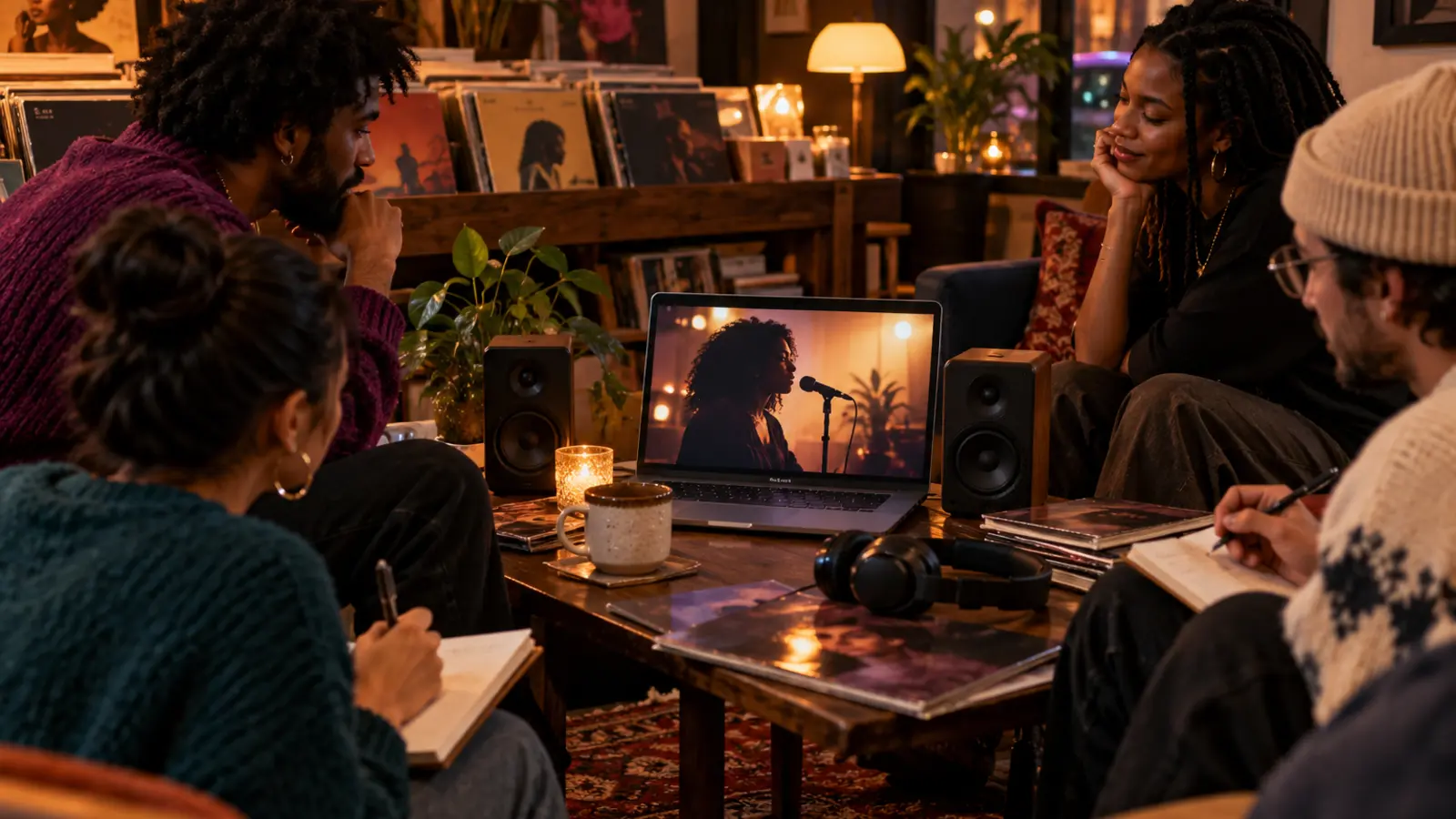 Music listeners discovering an independent R&B singer through an intimate live-session video in a record-store lounge