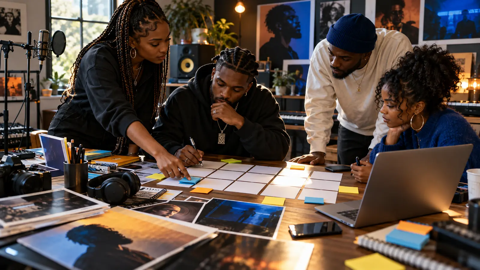 Independent rap artist and creative team arranging blank calendar cards and release materials around a studio table