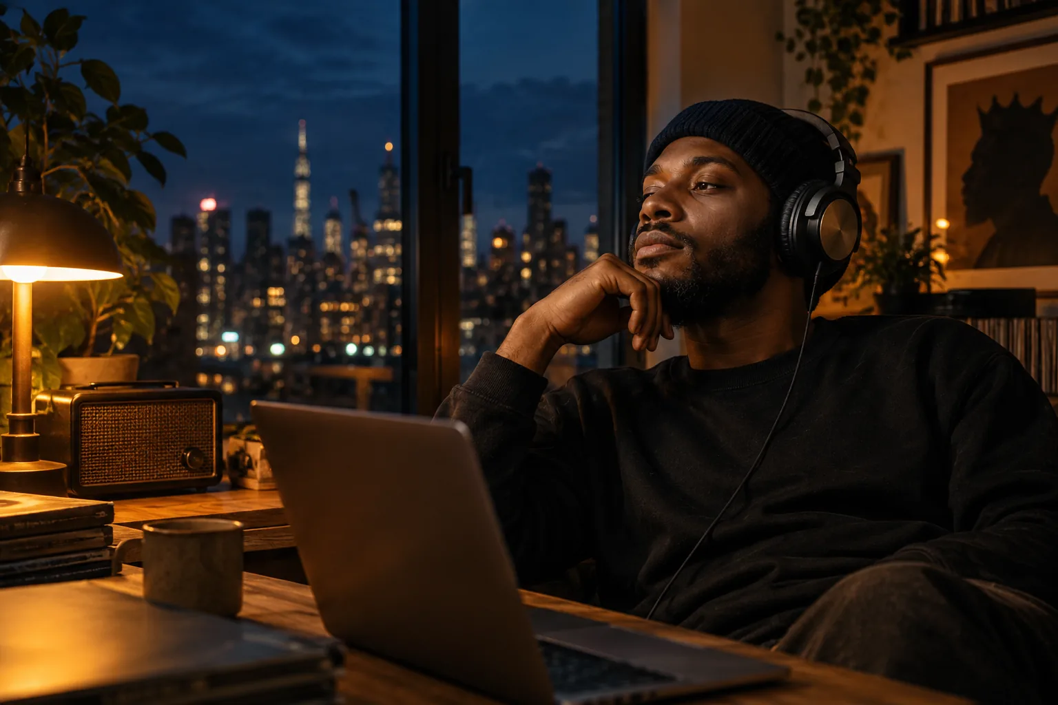 A listener wearing headphones beside a radio and laptop at night