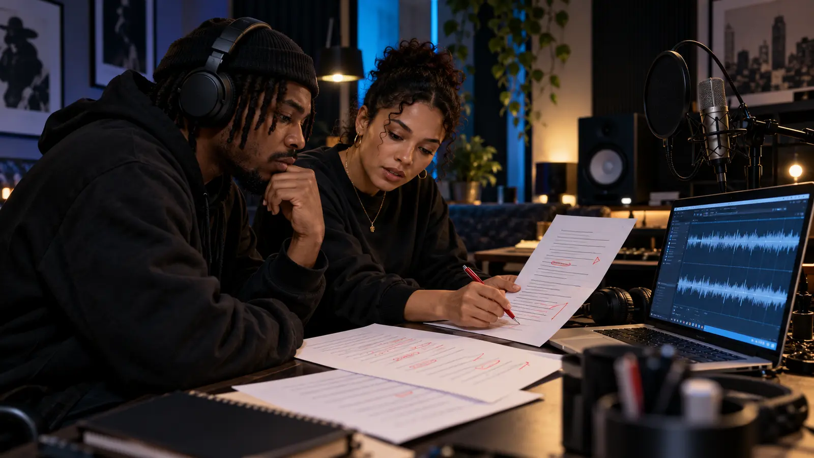 Independent rapper and editor proofreading printed lyric pages beside an audio waveform in a recording studio