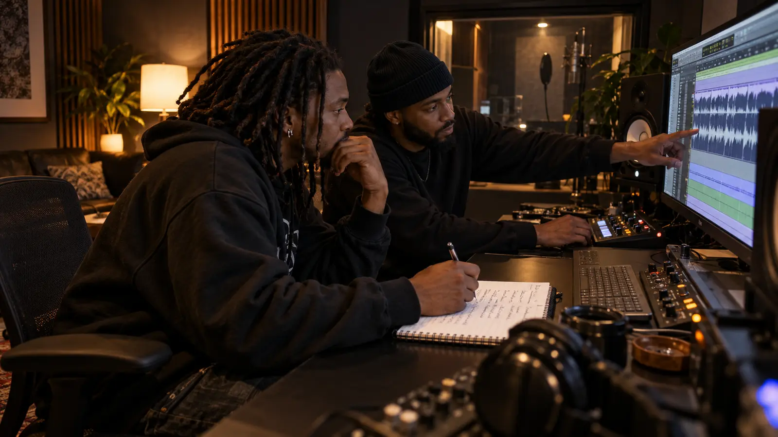 Rapper writing revision notes while a mix engineer points to a waveform in a warm recording studio