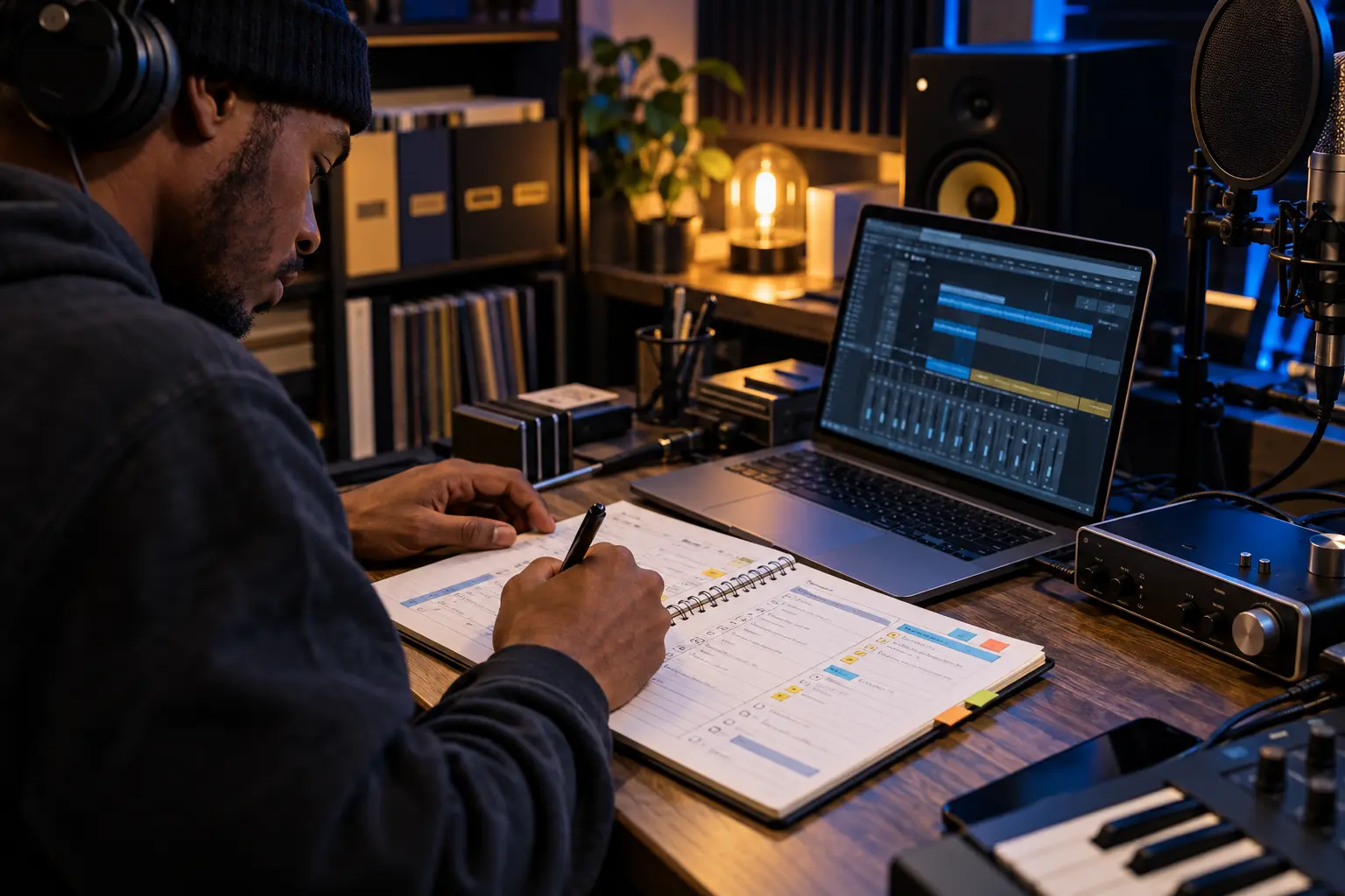 Independent hip-hop creator organizing track versions and contributor details in a studio notebook