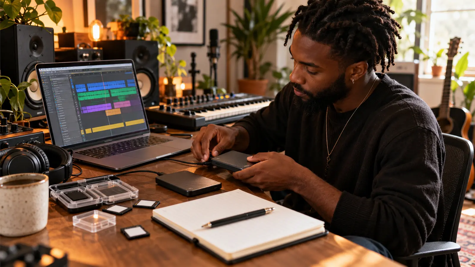 Music producer organizing an audio project beside external drives, storage cards, and a notebook in a home studio