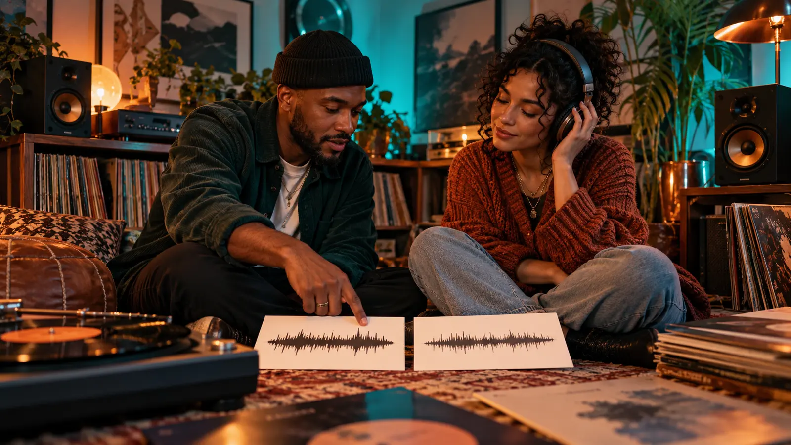Two music listeners comparing unlabeled waveform cards beside headphones and compact home speakers