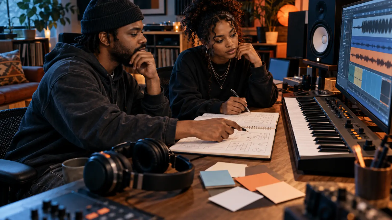Independent rapper and producer comparing waveforms and sketching musical ideas together in a project studio