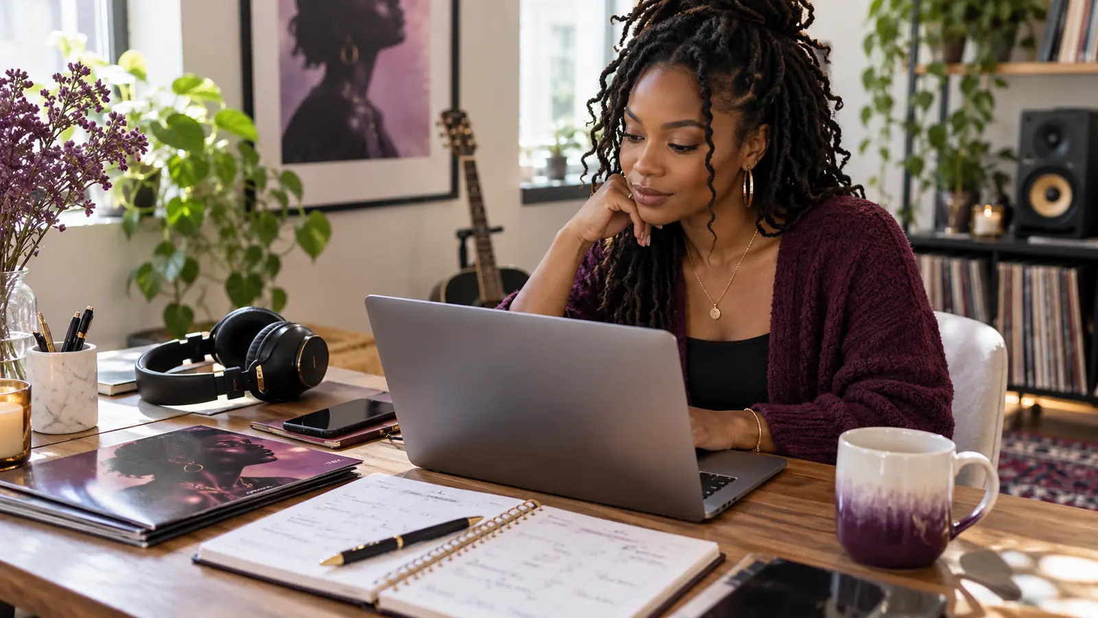 Independent artist reviewing a radio outreach log beside a laptop, calendar notebook, and headphones