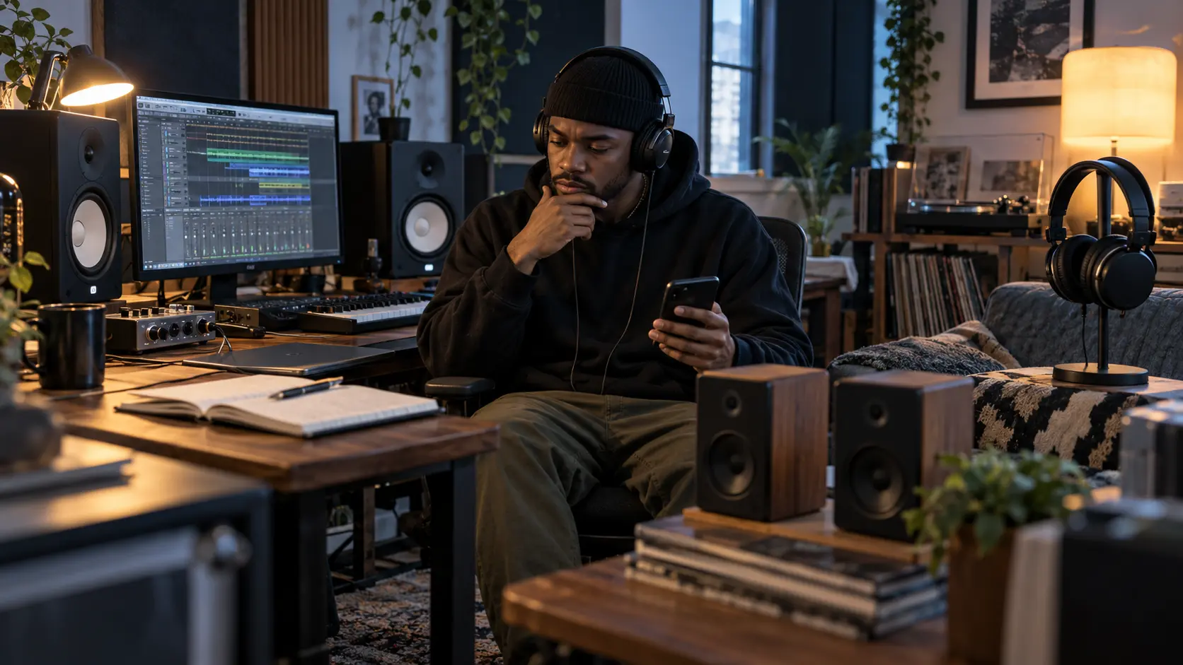 Rap producer comparing a mix across studio monitors, headphones, small speakers, and a phone in a home studio