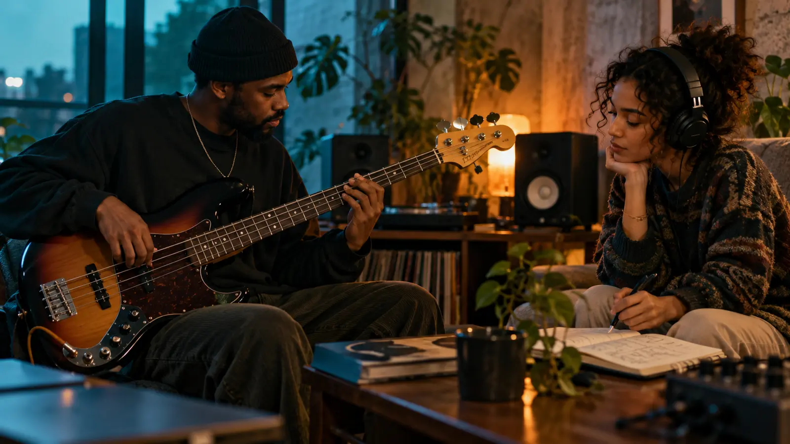 Bass musician and headphone listener studying a bassline beside small studio speakers and a notebook