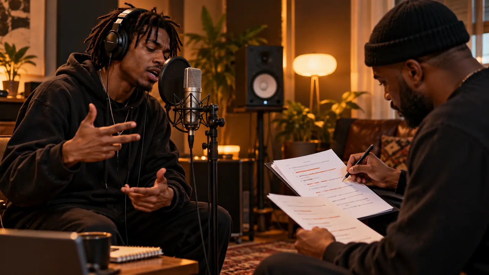 Rapper rehearsing at a microphone while a coach follows printed lyric pages in a small studio