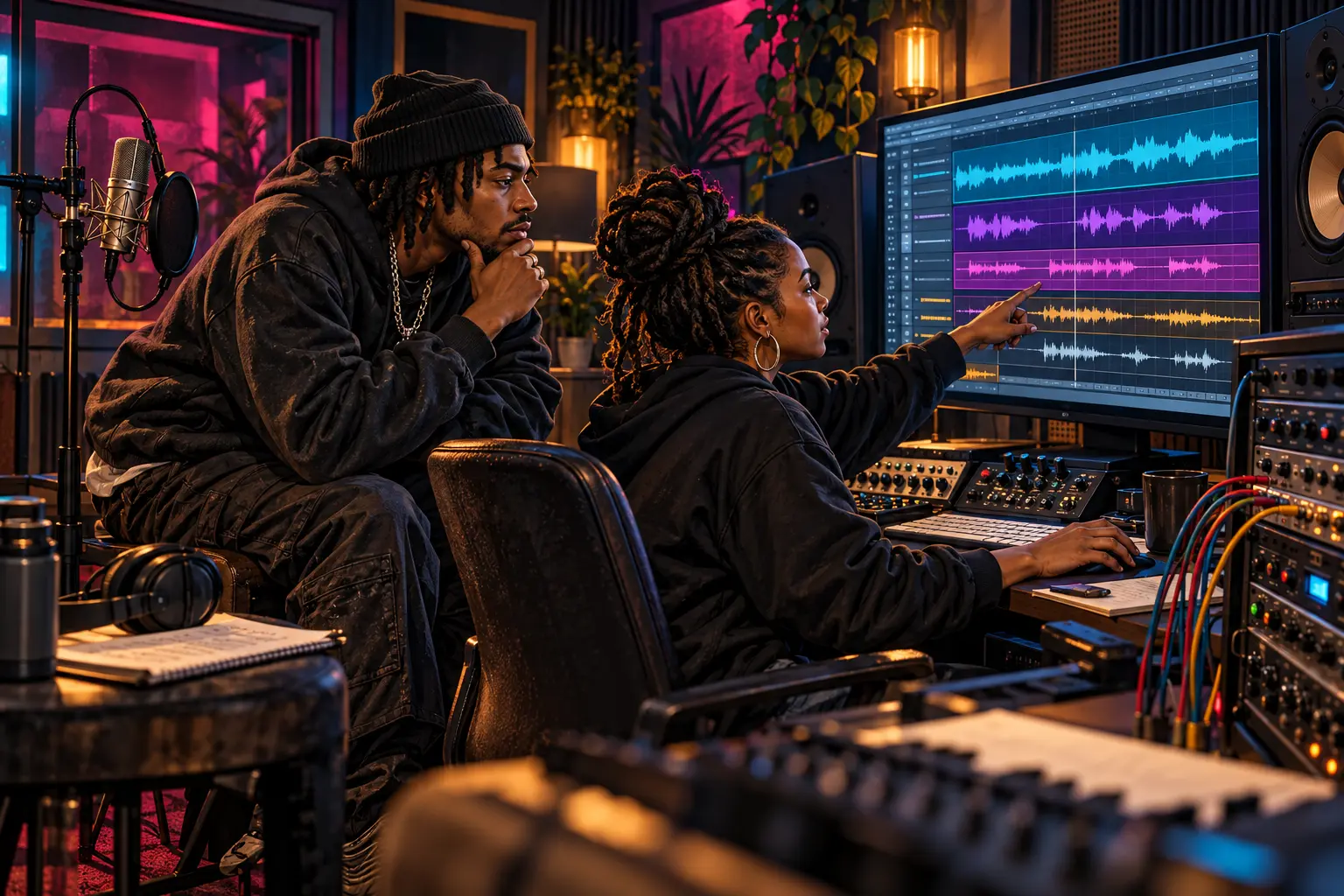 Rapper and mixing engineer reviewing neatly labeled vocal waveforms in a professional studio