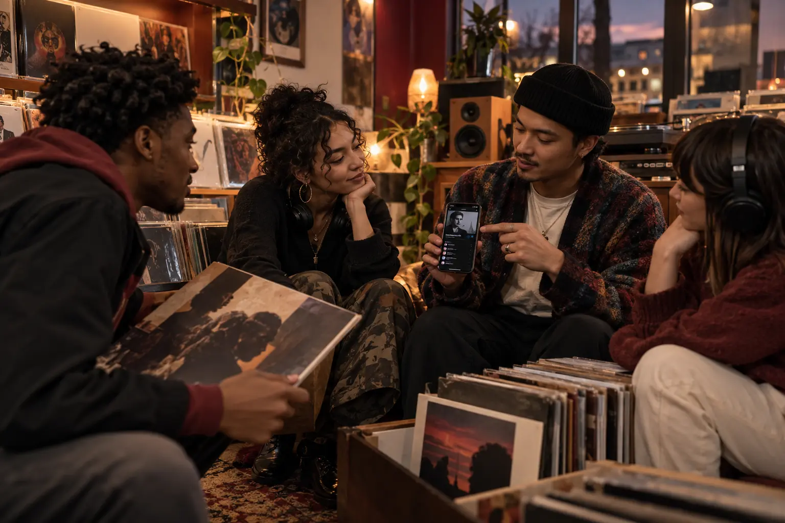 Small group of music listeners sharing an underground artist discovery in a record-store listening corner