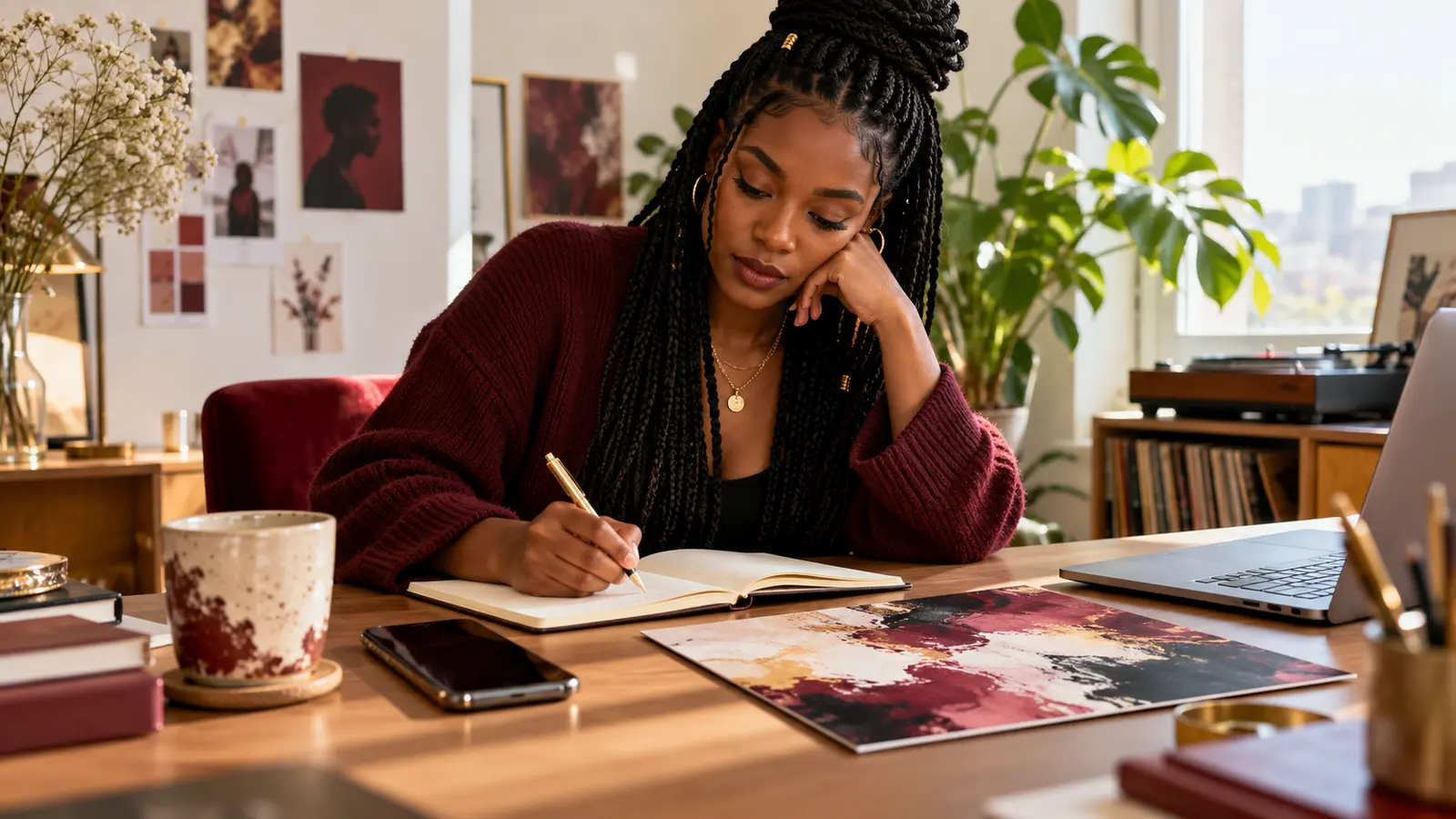 Independent artist drafting a release announcement beside a smartphone and abstract album artwork at a bright desk