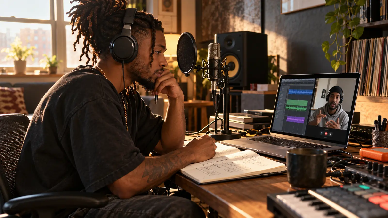 Rapper reviewing arrangement notes at a home recording desk during a video call with a collaborator
