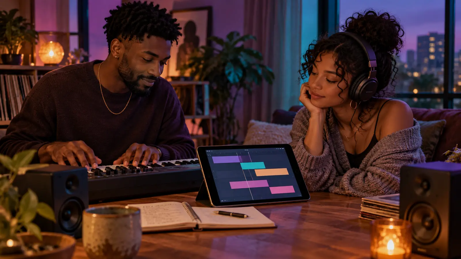 Two R&B listeners following song sections with a keyboard, headphones, and an arrangement display in a cozy room