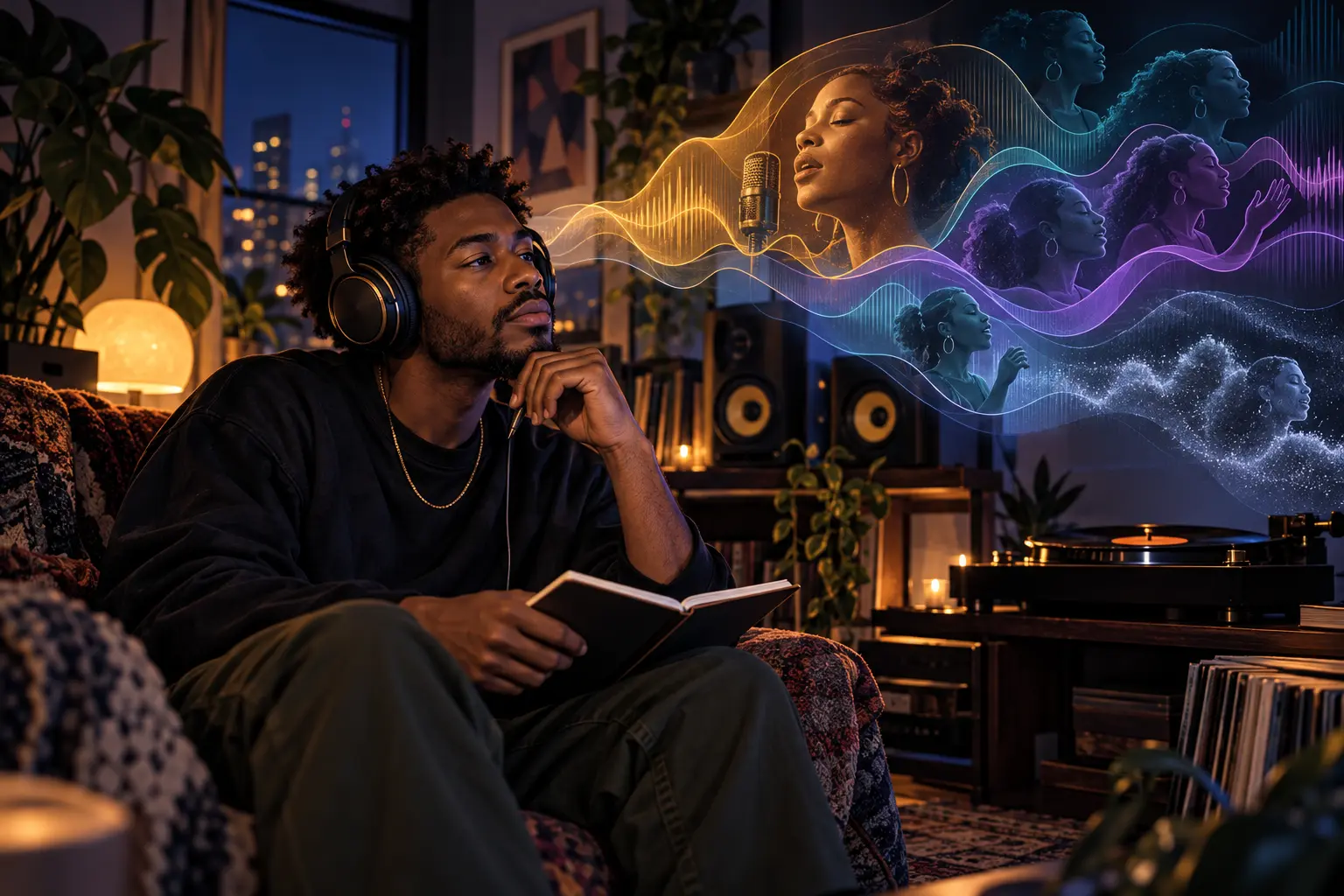 Headphone listener taking notes while layered R&B vocal shapes move through a warm studio scene