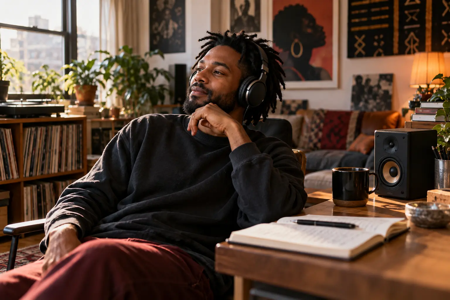 Hip-hop listener taking a calm break beside headphones, a notebook, and a home speaker