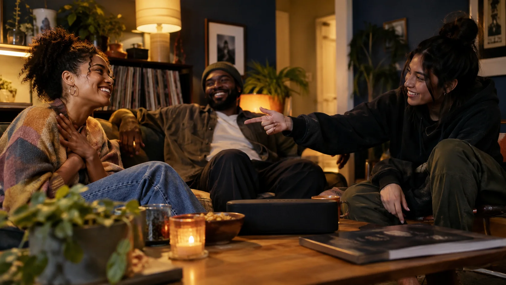 Three friends sharing a warm moment while music plays from a living-room speaker