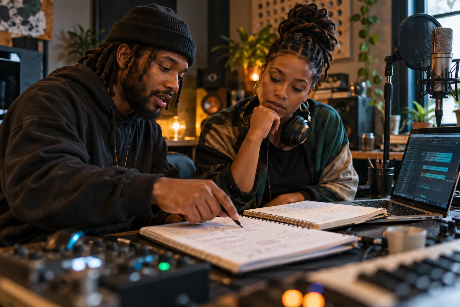 Two independent music creators reviewing handwritten arrangement notes together in a small studio