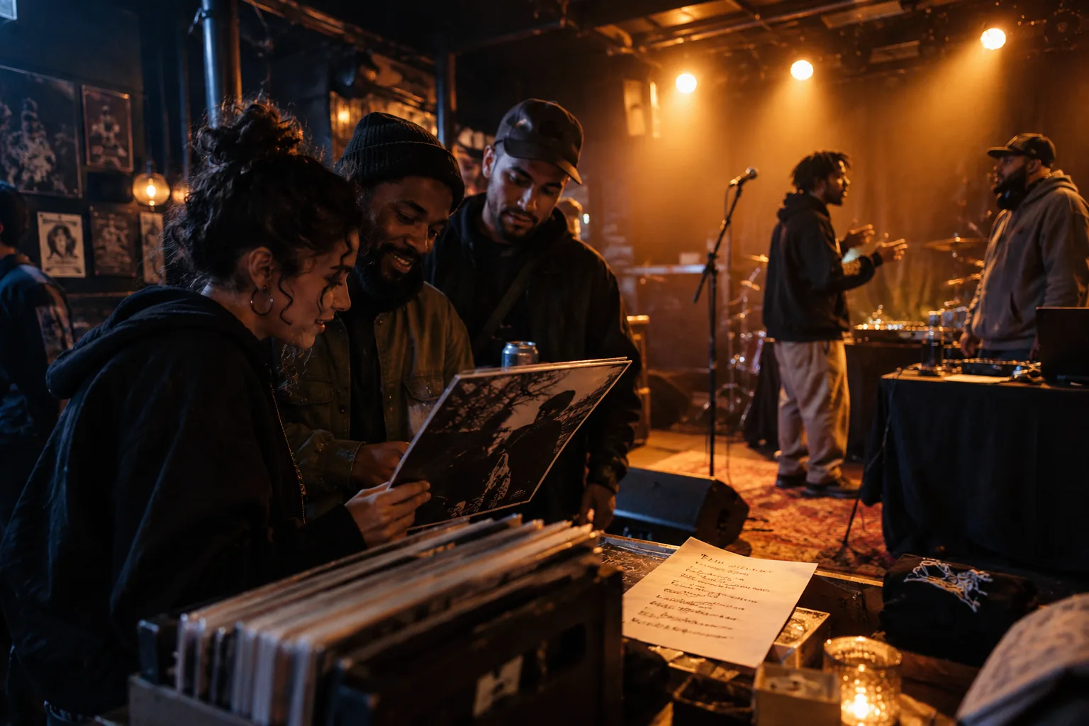 Listeners exploring records at an intimate independent hip-hop venue