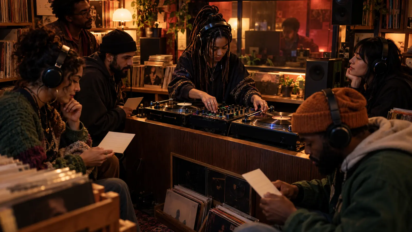 DJ performing in a small record-store booth while listeners follow blank tracklist cards through headphones